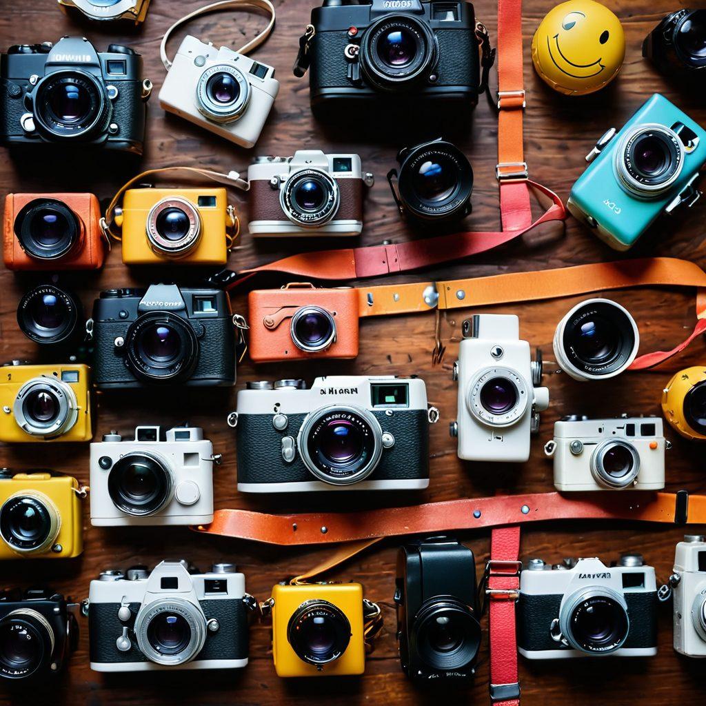 A vibrant scene featuring an array of cameras and accessories laid out on a stylish wooden table, with a bright smiley face reflecting in the lenses. Include a mix of vintage and modern cameras, colorful camera straps, and cheerful smile-themed decorations around the setup. The background should be softly blurred to emphasize the gear, with warm lighting creating a welcoming atmosphere. super-realistic. vibrant colors. white background.