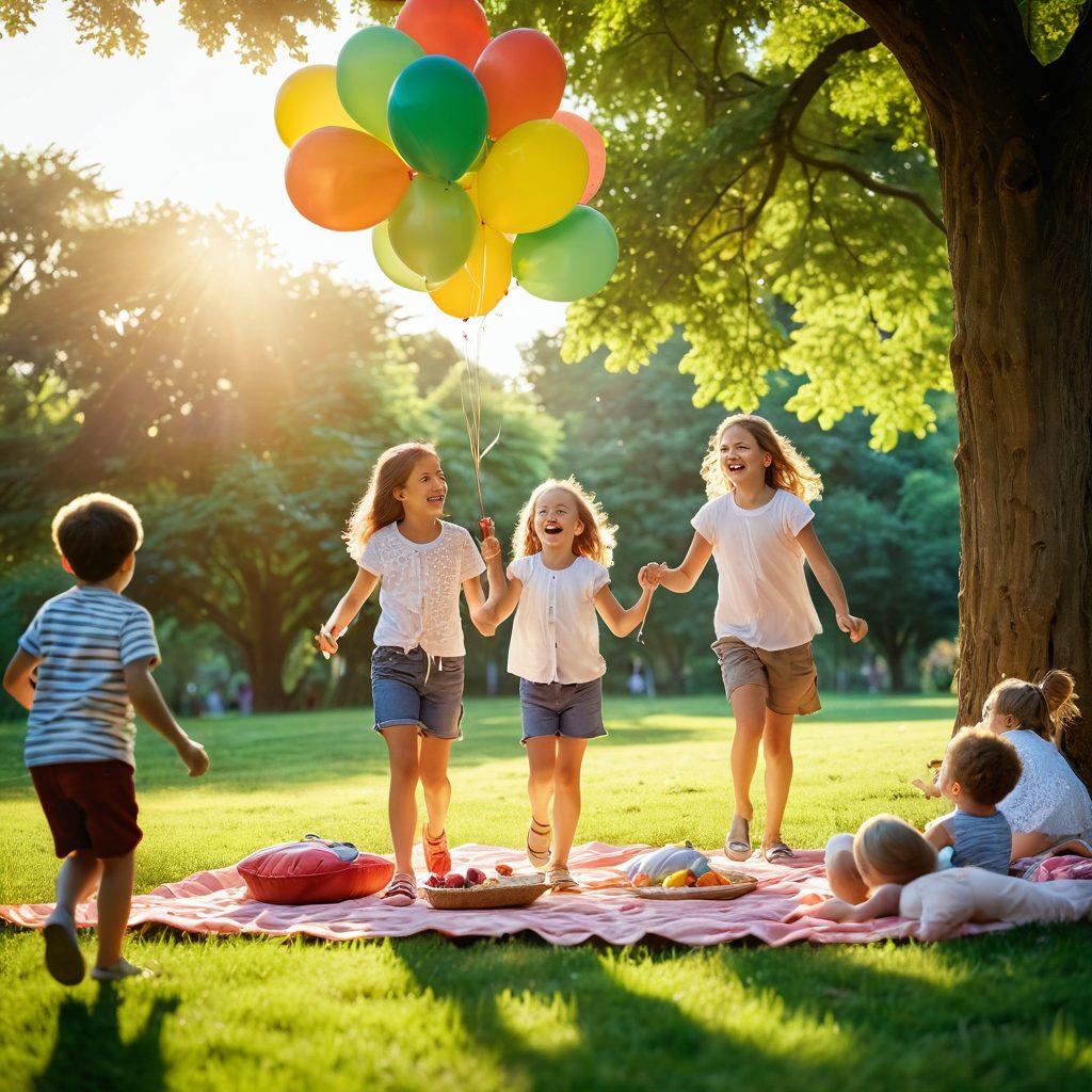 A radiant sunrise illuminating a joyful family picnic in a lush green park, capturing laughter and candid moments. Vibrant balloons, playful children running, and a camera in the foreground hinting at photography. Soft, warm lighting enhances the cheerful atmosphere. super-realistic. vibrant colors.