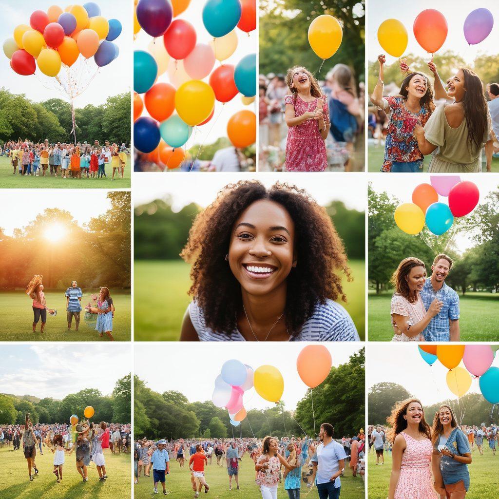 A collage of joyful moments captured in snapshots, featuring diverse people smiling, laughing, and enjoying life in vibrant settings like parks, festivals, and family gatherings. Bright colors should dominate the scene, with elements like balloons, sunshine, and nature enhancing the happy vibe. The images should be interconnected with a whimsical layout that conveys a sense of celebration and positivity. watercolor style. vibrant colors. white background.